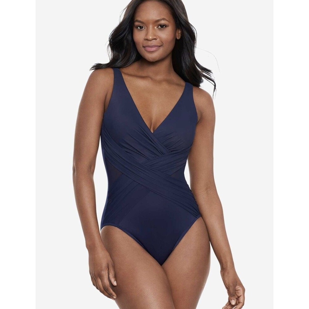 Miraclesuit Illusionists Crossover Mesh One Piece Swimsuit Midnight Blue 8 NWT